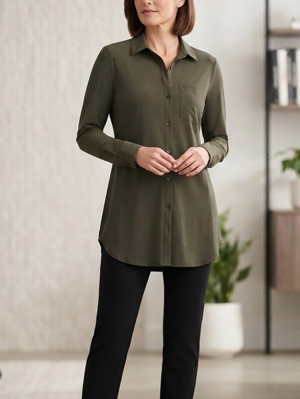 Lyssé Button-Up Tunic Shirt Small Long Sleeve Stretch Blouse